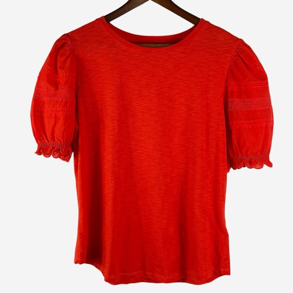 Lauren Ralph Lauren Black Label Slub Cotton Top Size M Puff Sleeves Orange - Picture 1 of 8